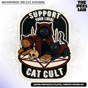 Local Support Your Local Cat Cult Sticker, Funny Wizard Cat, Cat Lover, Gothic Waterproof Vinyl Water Bottle Sticker, Tumbler Kindle Sticker