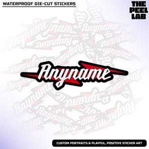 May include: Waterproof die-cut sticker with the word "Anyname" in white, outlined in black, and set against a red lightning bolt design. The sticker is surrounded by a pattern of the same design. The text "WATERPROOF DIE-CUT STICKERS" is at the top.