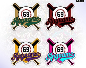 May include: Four baseball-themed stickers with a home plate, crossed bats, and a baseball with the number 69. The stickers are in different color combinations: gold and green, maroon and black, yellow and purple, and pink and turquoise. The text "Anyname" is written in a stylized font on each sticker. The stickers are part of a collection of custom portraits and playful, positive sticker art.