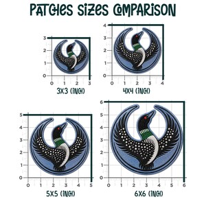 May include: A size comparison chart for circular embroidered patches featuring a loon bird design. The patches are shown against rulers measuring 3x3, 4x4, 5x5, and 6x6 inches. The text reads PATCHES SIZES COMPARISON and the sizes in inches below each.