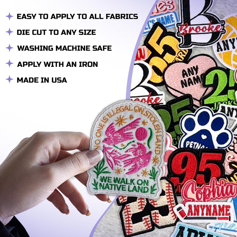 May include: Embroidered patch with the text "NO ONE IS ILLEGAL ON STOLEN LAND" and "WE WALK ON NATIVE LAND". The patch features pink birds and floral designs. The image also shows other patches with various designs and text.