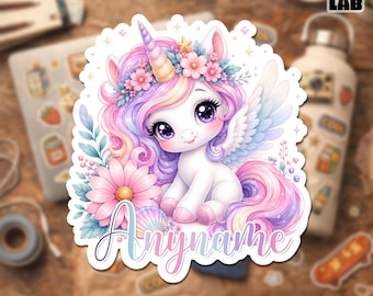 Custom Unicorn Name Sticker, Personalized Cute Unicorn Floral Name Decal, Magical Rainbow Pony Sticker for Water Bottle Laptop Notebook Gift