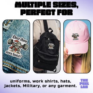 Puede incluir: La imagen presenta parches con un caballero de dibujos animados levantando pesas, con el texto "Dost thou even hoist?". Los parches se muestran en una chaqueta vaquera, una mochila negra y una gorra de b&eacute;isbol rosa. El texto "MULTIPLE SIZES, PERFECT FOR" est&aacute; en la parte superior.