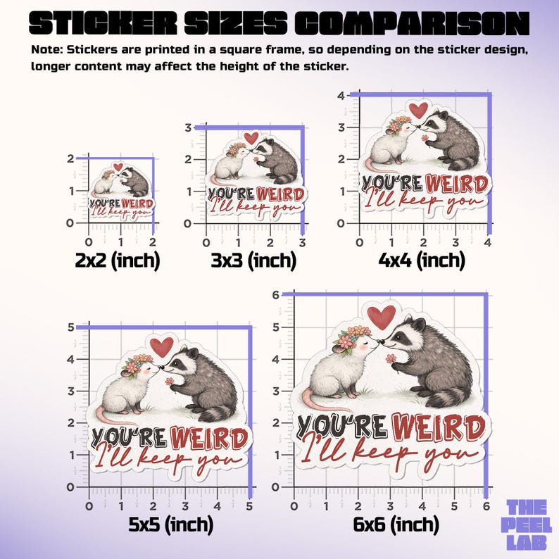 May include: A sticker size comparison chart displays five square stickers featuring a raccoon and opossum design, a heart, and the text "YOU'RE WEIRD I'LL KEEP YOU." Sizes vary from 5 cm x 5 cm to 15 cm x 15 cm. The text "STICKER SIZES COMPARISON" is at the top.