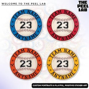 May include: Four round baseball stickers with a white baseball, red stitching, and a black number 23. The stickers have different colored borders: blue, red, orange, and yellow. The text "TEAM NAME" and "ANYNAME" are printed on the stickers.