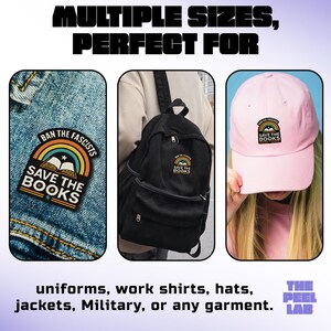May include: Image showcasing patches, a backpack, and a pink baseball cap, each featuring a colorful design with the text "BAN THE FASCISTS SAVE THE BOOKS." The image also includes the text "MULTIPLE SIZES, PERFECT FOR uniforms, work shirts, hats, jackets, Military, or any garment."