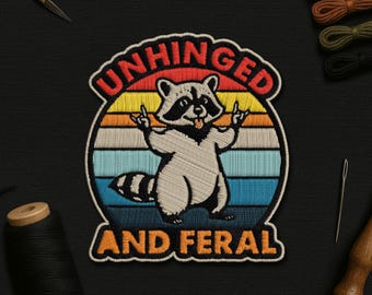 Unhinged And Feral Patch, Funny Retro Raccoon Possum Sarcastic Snarky Quote Embroidered Patches Applique for Clothes Hats Backpacks Jeans
