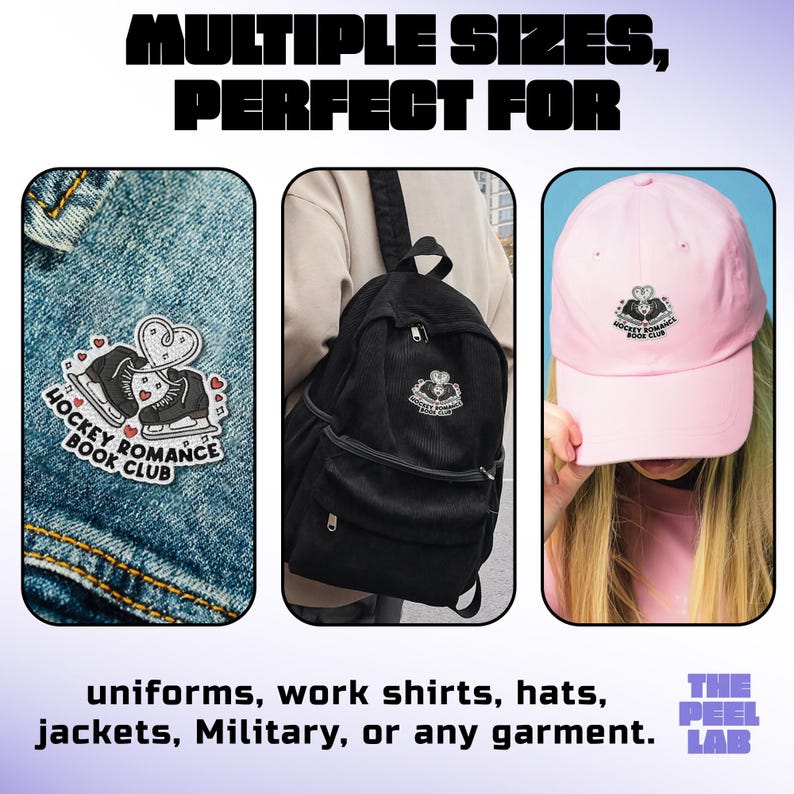 Puede incluir: La imagen muestra un parche, una mochila negra y una gorra de b&eacute;isbol rosa, cada uno con un dise&ntilde;o de "Hockey Romance Book Club". Tambi&eacute;n se ve el texto "MULTIPLE SIZES, PERFECT FOR uniforms, work shirts, hats, jackets, Military, or any garment".