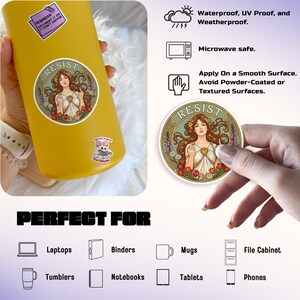 May include: A round sticker with the word "RESIST" and an illustration of a woman with long brown hair, surrounded by flowers. The sticker is waterproof and UV proof. The sticker is perfect for laptops, tumblers, and notebooks.