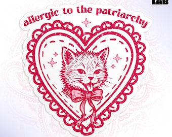 Allergic To The Patriarchy Sticker, Funny Cat Feminist Coquette Girly Heart Cat Mom Lover Waterproof Vinyl Water Bottle, Laptop Sticker