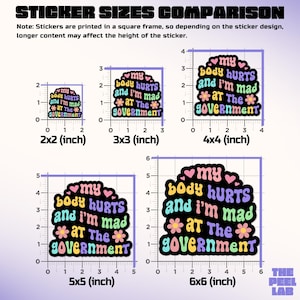 May include: A comparison chart of sticker sizes, ranging from 2x2 inches to 6x6 inches. Each sticker features the text "my body HURTS and I'm mad @ The GOVERNMENT" in colorful, bubble-style lettering. The Peel Lab logo is in the bottom right.