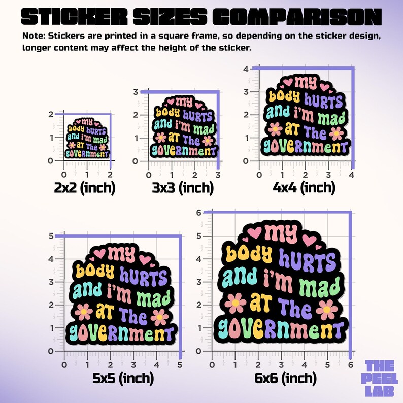 May include: A comparison chart of sticker sizes, ranging from 2x2 inches to 6x6 inches. Each sticker features the text "my body HURTS and I'm mad @ The GOVERNMENT" in colorful, bubble-style lettering. The Peel Lab logo is in the bottom right.