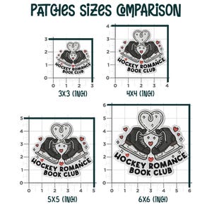 Puede incluir: Un cuadro comparativo de cuatro parches bordados con un dise&ntilde;o de patines de hockey y coraz&oacute;n. Los parches est&aacute;n etiquetados con tama&ntilde;os de 7,6x7,6 cm, 10,2x10,2 cm, 12,7x12,7 cm y 15,2x15,2 cm. Se incluye el texto "HOCKEY ROMANCE BOOK CLUB".