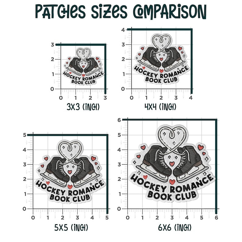 Puede incluir: Un cuadro comparativo de cuatro parches bordados con un dise&ntilde;o de patines de hockey y coraz&oacute;n. Los parches est&aacute;n etiquetados con tama&ntilde;os de 7,6x7,6 cm, 10,2x10,2 cm, 12,7x12,7 cm y 15,2x15,2 cm. Se incluye el texto "HOCKEY ROMANCE BOOK CLUB".