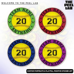 May include: Four round stickers with a softball design. Each sticker has a different colored background: green, red, blue, and purple. The softball is yellow with red stitching and a black number 20. The text "TEAM NAME" and "ANYNAME" are printed in black around the softball.
