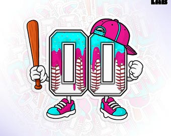 May include: A die-cut sticker featuring the number "00" as a baseball player with a bat and cap. The "00" is turquoise with pink dripping paint and baseball stitching. The sticker has the text "WATERPROOF DIE-CUT STICKERS".
