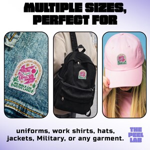 May include: Image showcasing patches on a denim jacket, backpack, and pink baseball cap. Each patch features a pink bird design with text that reads "NO ONE IS ILLEGAL ON STOLEN LAND" and "WE WALK ON NATIVE LAND". The image includes the text "MULTIPLE SIZES, PERFECT FOR uniforms, work shirts, hats, jackets, Military, or any garment."