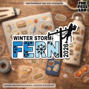 May include: A collection of waterproof die-cut stickers on a wooden surface. The central sticker reads "WINTER STORM FERN 2026" with a snowflake design. Other stickers feature various illustrations. The Peel Lab logo is visible.