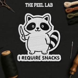 I Require Snacks Patch, Funny Raccoon Meme Animal Lover Funny Saying Embroidered Patches Applique for Clothes Hats Backpacks