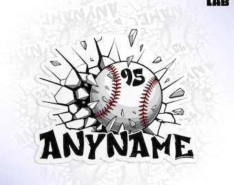 May include: A die-cut sticker featuring a baseball bursting through a cracked wall. The baseball has red stitching and the number 95. The word "ANYNAME" is below the baseball in bold, black letters. The sticker is white with a black and gray design.
