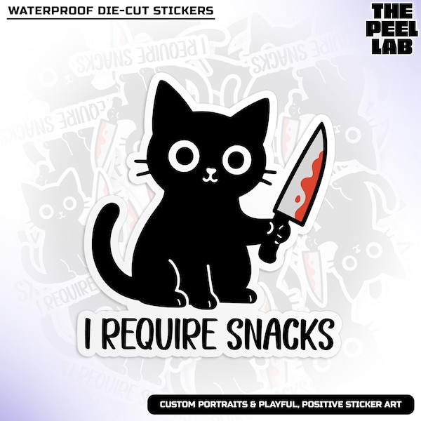 I Require Snacks Black Cat Sticker, Funny Meme Animal Lover Funny Saying Die Cut Waterproof Vinyl Stickers for Water Bottles, Laptops