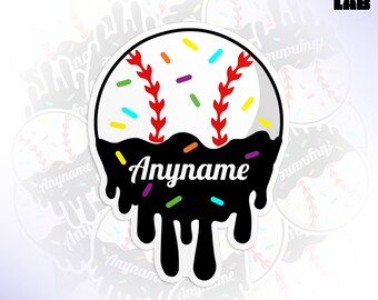 May include: A die-cut sticker featuring a baseball design with a unique twist. The top half is a white baseball with red stitching and colorful sprinkles. The bottom half is black with the word "Anyname" in white. The sticker is waterproof.