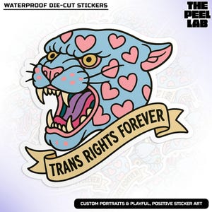 May include: A blue and pink die-cut sticker of a cartoon panther with hearts and the text "TRANS RIGHTS FOREVER" on a yellow banner.