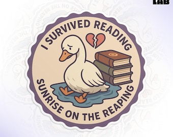 I Survived Reading Sunrise On The Reaping Sticker, Funny Duck Book Lover Die Cut Waterproof Vinyl Stickers for Laptop, Tumbler
