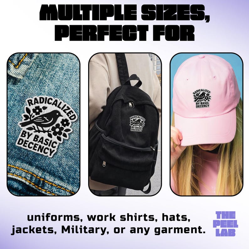 Pode incluir: A imagem mostra um patch, uma mochila e um bon&eacute; de beisebol, cada um com um gr&aacute;fico em preto e branco com o texto "RADICALIZED BY BASIC DECENCY" e um desenho de p&aacute;ssaro. Os itens s&atilde;o exibidos em jeans, uma mochila preta e um bon&eacute; rosa.