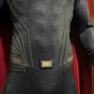 May include: A black superhero costume with a textured, scale-like pattern. The suit features gold accents on the belt and shoulders, with a red and gold emblem on the chest. A red cape is visible in the background.
