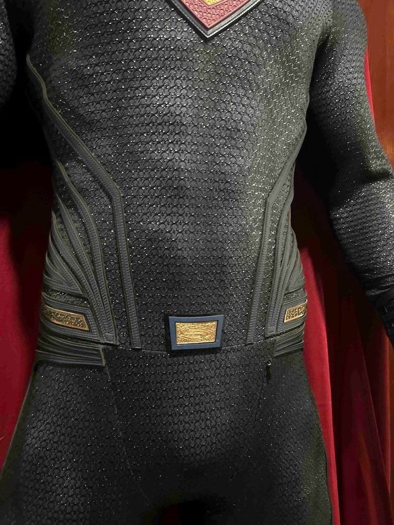 May include: A black superhero costume with a textured, scale-like pattern. The suit features gold accents on the belt and shoulders, with a red and gold emblem on the chest. A red cape is visible in the background.