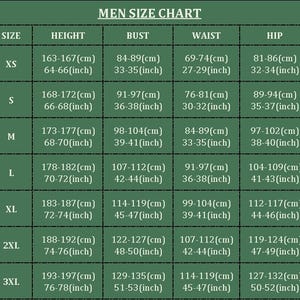 May include: A green chart titled "MEN SIZE CHART" with size, height (cm/inches), bust (cm/inches), waist (cm/inches), and hip (cm/inches) measurements. Sizes range from XS to 3XL, with corresponding measurements.