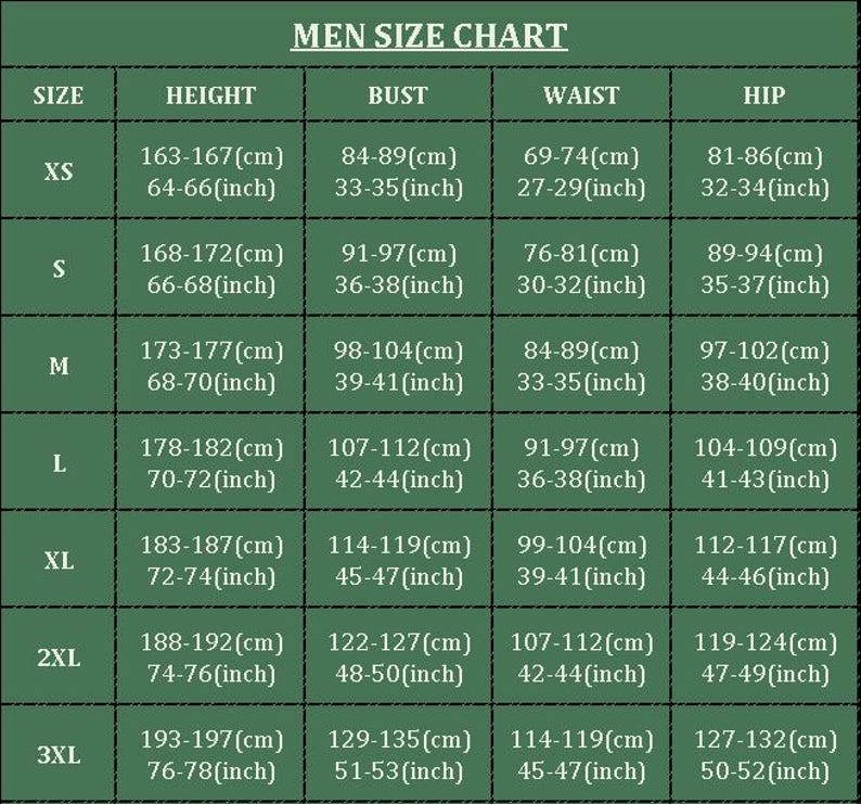 May include: A green chart titled "MEN SIZE CHART" with size, height (cm/inches), bust (cm/inches), waist (cm/inches), and hip (cm/inches) measurements. Sizes range from XS to 3XL, with corresponding measurements.
