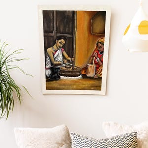 Hand-Painted Village Women Art | Rustic Indian Village Scene Wall Painting | Original 14&quot;x18&quot; Artwork | Ethnic Rural Home Decor