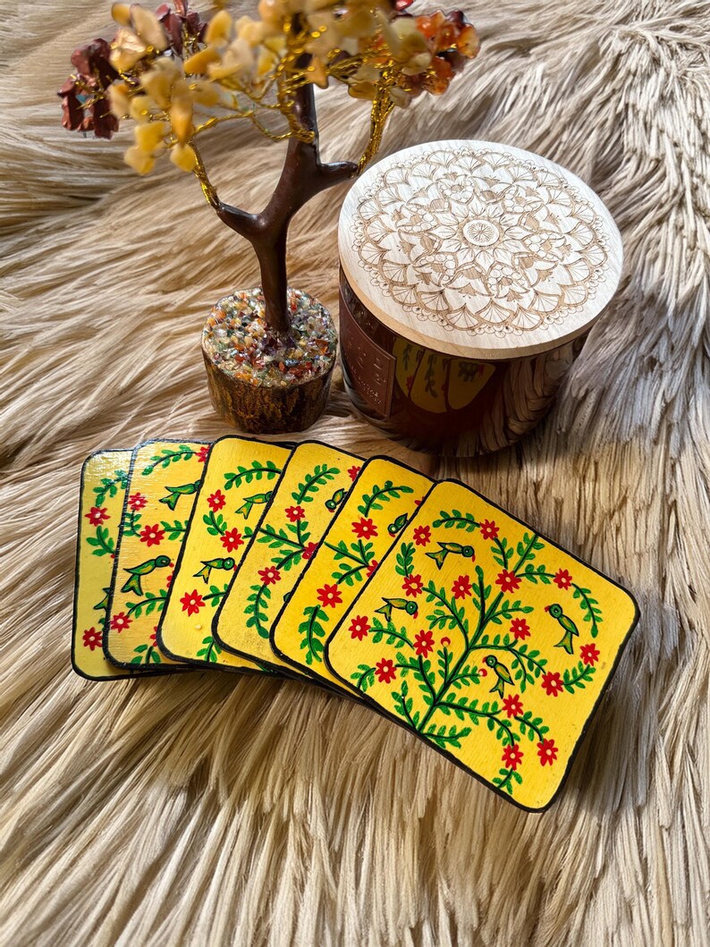 Yellow - Mandala Art Handpainted Wooden Coasters (Set of 6) 13