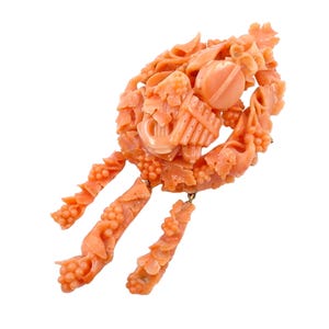 Impressive Victorian Coral 14k Pendeloque Pendant With Carved Articulated Drops
