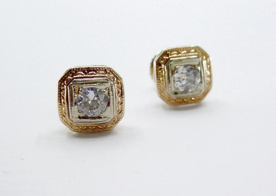 Art Deco Diamond Engraved 2-Gold 14k Gold Stud Ea… - image 2