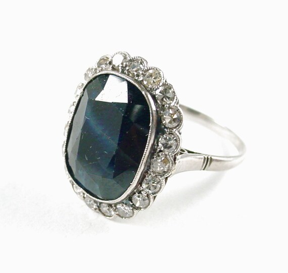Antique Sapphire Diamond Platinum Halo Ring--Princ