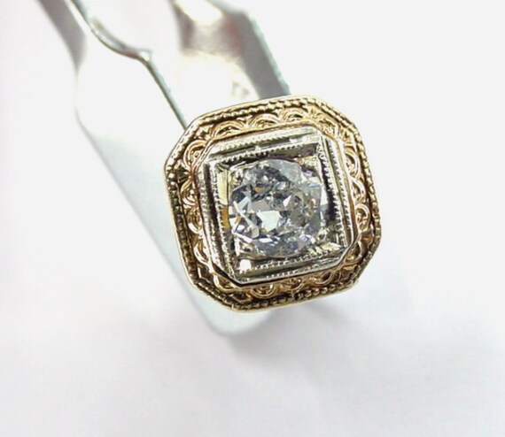 Art Deco Diamond Engraved 2-Gold 14k Gold Stud Ea… - image 5