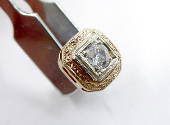 Art Deco Diamond Engraved 2-Gold 14k Gold Stud Ea… - image 3