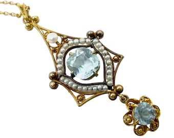 Lovely Edwardian Aquamarine Seed Pearl 14k Gold Lavaliere Pendant Necklace