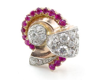 Stunning 2.30 Ct Diamond Platinum 14k Ruby Cocktail Ring-1940s at its Finest