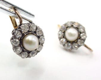 Antique Edwardian Diamond Pearl Halo Drop Silver Top Gold Earrings--1.80 cts.