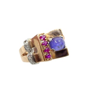 Handsome Retro 1940 Star Sapphire Ruby Diamond 14k Gold "Tank" Cocktail Ring