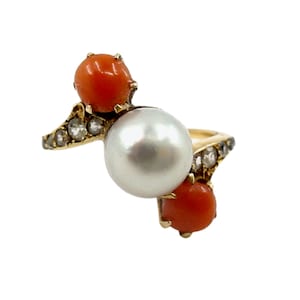 SALE--Antique Romantic Toi et Moi Coral Pearl 14k Yellow Gold Engagement Ring