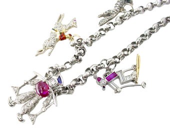 SALE--Art Deco Antique Platinum Diamond Charm Bracelet--Foxes, Jockey, Skier and More