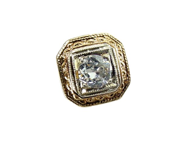 Art Deco Diamond Engraved 2-Gold 14k Gold Stud Ea… - image 1