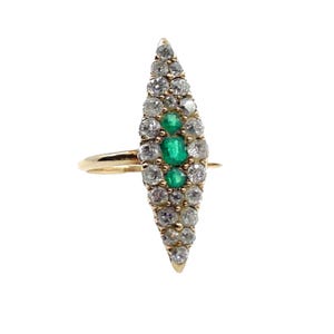 Antique Emerald Old Mine & European Cut Diamond Navette Gold Cocktail Ring