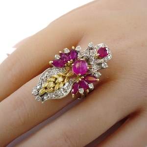 Exotic Foliate Vintage Ruby Diamond Gold Cocktail Ring--European Dutch