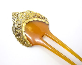 Exotic and Ornate 14k Yellow Gold Hair Pin Barrette--Likely European